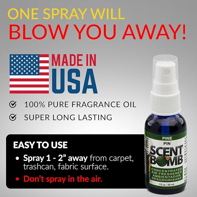 Scent Bomb Air Freshener Spray, Long-Lasting Odor Eliminator - Effective Deodorizer for Home & Car, Fresh Room Spray for Kitchen, Bathroom & Smell Neutralizer - 1 oz Pack of 4, Pine Scent