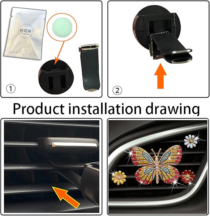 Gold Butterfly Bling Butterfly Car Clip Decor, Cute Car Vent Clips - Rhinestone Air Freshener Set with 3 Daisy Flowers