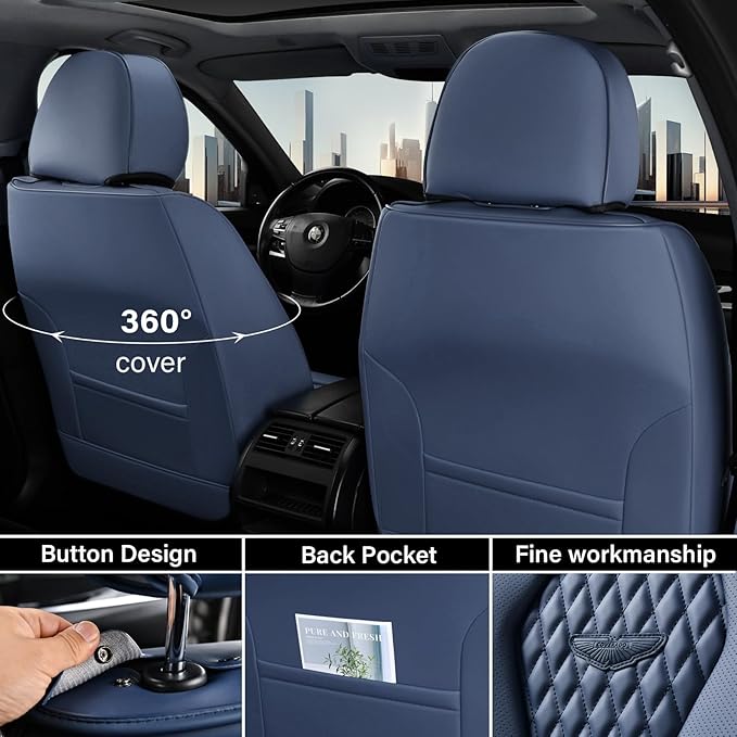 Coverado Seat Covers, Car Seat Covers Full Set, Blue Car Seat Cover, Car Seat Covers Front Seats Back Seat Cover, Waterproof Car Seat Cushion,Leather Seat Covers Seat Protector Universal Fit Most Cars