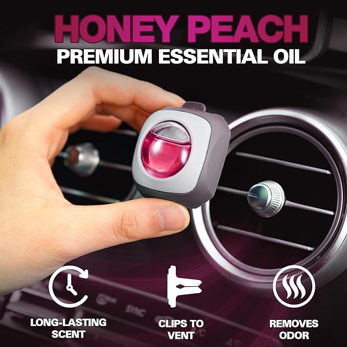 Air Jungles Honey Peach Scent Car Air Freshener Vent Clip, 6 Count Long Lasting Up to 180 days, Natural Essential Oil Car Fragrance for Women and Men, Odor Eliminator - 4ml Each
