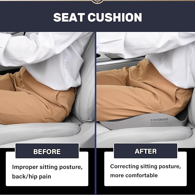Coverado Car Seat Cushion with Memory Foam, Ergonomic Driving Seat Cushion for Sciatica, Tailbone, Back Pain Relief, Premium Non-Slip Washable Cushion for Car, Driver, Office, Wheelchair