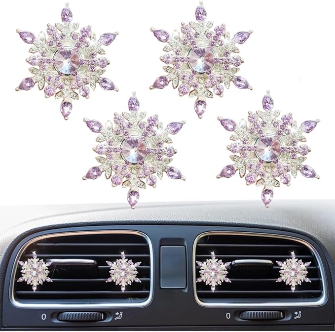 Bling 4Pcs Snowflake Air Vent Clips Car Air Freshener Outlet Clips Bling Rotatable Snowflake Car Vent Decorations Stress Relief Auto Accessories Toy Refillable (Purple)