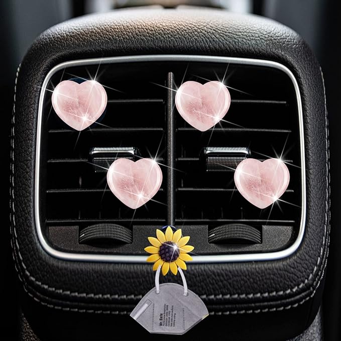 Quartz Heart Air Fresheners, 4 Pcs Pink Heart Style Vent Clips, Cute Car Decoration & Interior Decor Accessories for Women & Men + Sunflower Mask Hook