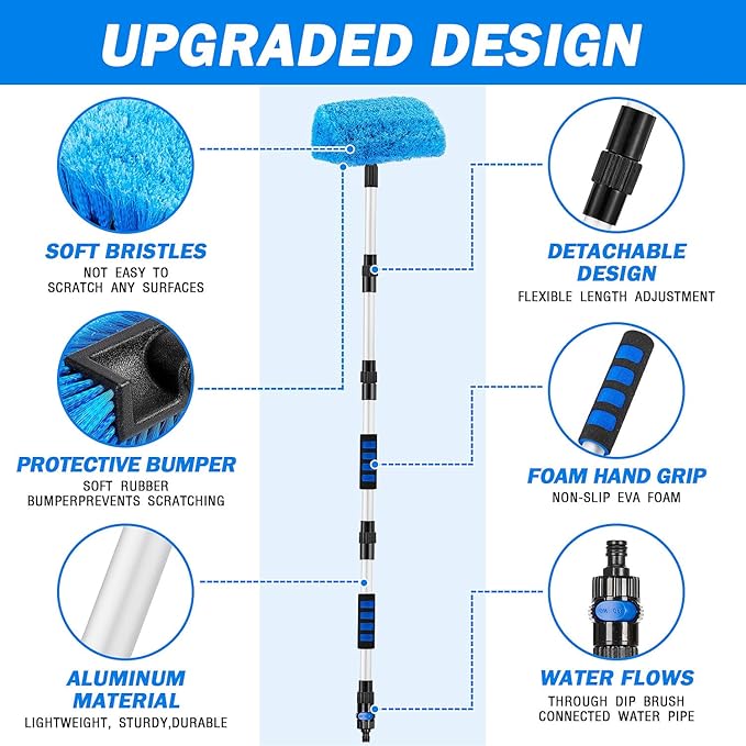 62" Car Wash Brush Kit with Hose Attachment, Scratch-Free Microfiber & Soft Bristles, Long Handle Wash Mop for Cars, Trucks, SUV & RV – Flow-Through Cleaning Kit with Mitt, Towel & Tire Brush