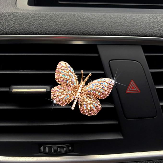 Bling Butterfly Car Air Vent Clip, Cute Rhinestone Air Freshener Clip, Glam SUV Outlet Vent Decorations, Charm Car Inter Decor Accessories for Girls Women (Pink + Blue)