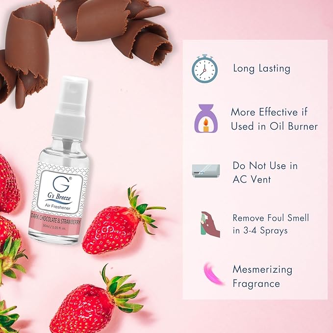 G's Breeze Dark Chocolate & Strawberry Air Freshener - Gentle Fragrance & Soothing Aroma of Velvety Dark Chocolate with Juicy Strawberry - Long-Lasting Fruity Scent - Ideal for Home, Car or Office