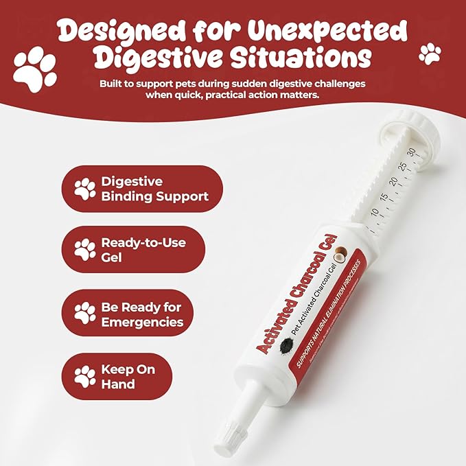 Activated Charcoal Paste for Dogs & Cats, Emergency First Aid Gel for Accidental Ingestion, Diarrhea, Gas Relief & Digestive Upset, Ready-to-Use, Pet First Response Essential, 30 mL