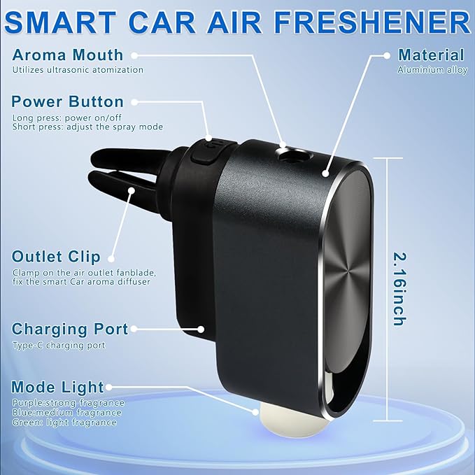 Smart Car Air Freshener Diffuser - Automatic Car Diffuser with Three Adjustable Modes, Includes 6PCS Essential Oil Refill, Car Diffusers for Essential Oils