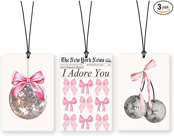 Lacama Pink Preppy Bow Car Air Freshener 3Pcs, Funky Pink Bow Disco Ball New York News Cars Scents Air Freshener for Women Girls Gifts, Coquette Girly Car Accessories Interior Mirror Decor Hanging