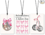 Lacama Pink Preppy Bow Car Air Freshener 3Pcs, Funky Pink Bow Disco Ball New York News Cars Scents Air Freshener for Women Girls Gifts, Coquette Girly Car Accessories Interior Mirror Decor Hanging