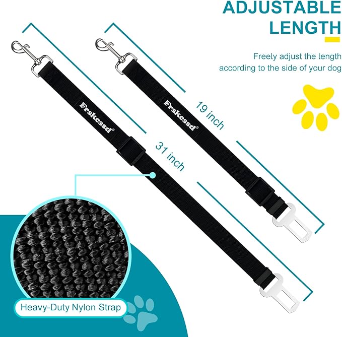 2 PCS Dog Seat Belt for Car Frskcssd Adjustable Dog Car Harness Heavy Duty Nylon Dogs Safety Seat Belt (Black)