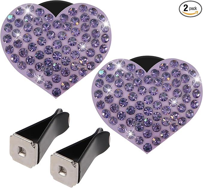 2PCS Heart-Shaped Car Vent Clip with Rhinestone, Car Vent Accessory, Bling Heart Charm Air Conditioning Outlet Clip, Auto Diffuser Air Freshener Charm for Women Girls (Purple, Heart)
