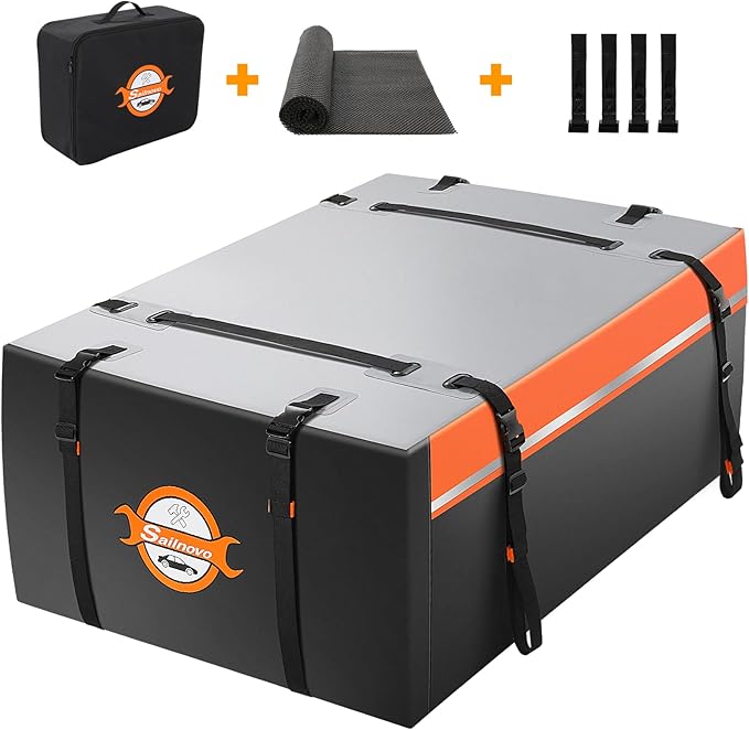 Sailnovo Rooftop Cargo Carrier 15 Cubic Feet, Waterproof Car Roof Bag Top Luggage Storage with Slip Mat, 4 Door Hooks & Heavy-Duty PVC for All Vehicle Roof with/Without Rack Cross Bar Orange