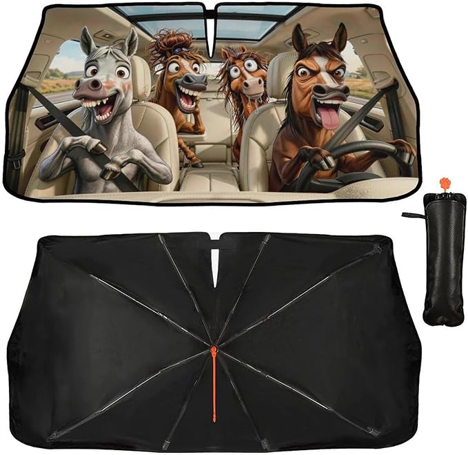 Socira Funny Horse Car Windshield Sun Shade Umbrella Foldable Sunshade for Front Window Auto Windshield Sunshade Covers Horse Car Accessories Protect from Sun Rays Heat Gifts 57'' X 30''