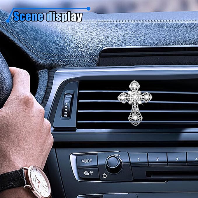 Bling Car Dashboard Air Vent Trim Clips, Crystal Rhinestone Air Vent Clips, Car Interior Decoration Accessories, Cross Air Conditioning Outlet Clip for Women Girls (Silver, 1PCS)