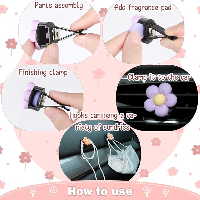 Tallew 12 Pcs Daisy Flower Car Accessories Vent Clip Cute Colorful Flower Car Accessories Air Conditioning Outlet Air Freshener Vent Clip Charm Interior Decor for Women