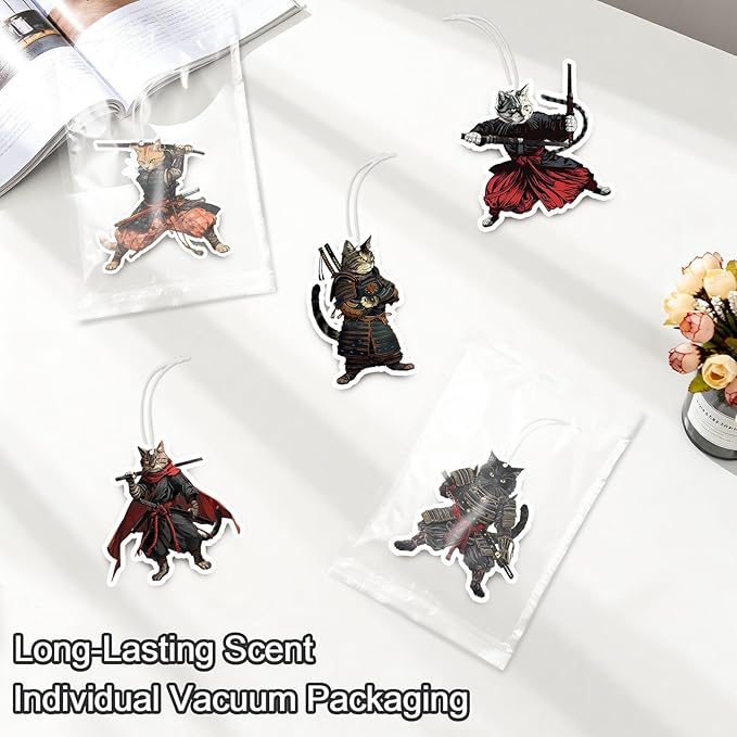 Samurai Cat Car Air Fresheners,5-Pack Cologne Scents Cute Car Accessories,Funny Hanging Ornament Decor for Rearview Mirror,Long-Lasting Fresh Gifts for Women,Girls,Cat Lovers