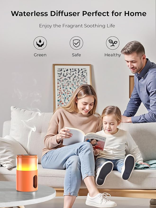 Waterless Diffuser for Essential Oil: Mini Battery Scent Diffuser for Room&Home&Car with 9 Colors LED Light - Aroma Cool Mist Machine Bright Orange