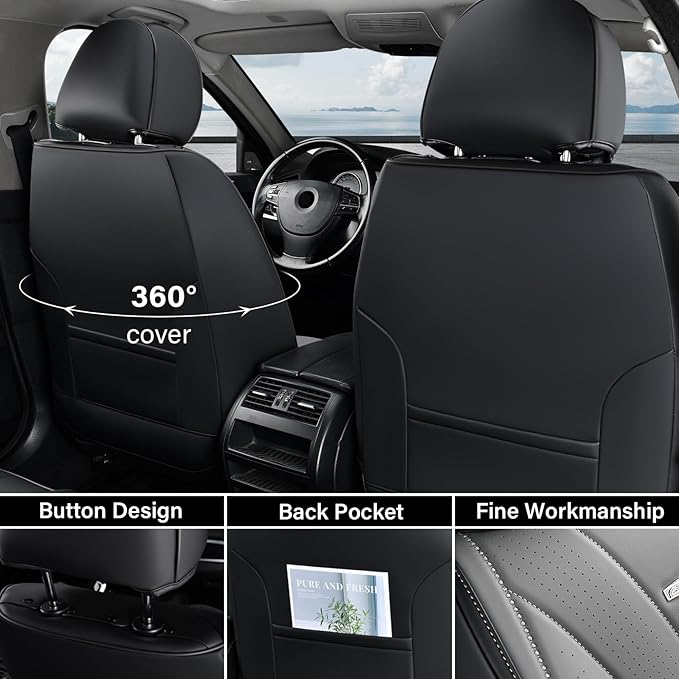 Coverado Car Seat Covers, 5 Seat Front and Back Seat Covers, Waterproof Seat Cover Full Set, Leather Seat Cover for Cars, Car Seat Protector, Car Seat Cushion Universal Fit for Most Cars (Black&Gray)