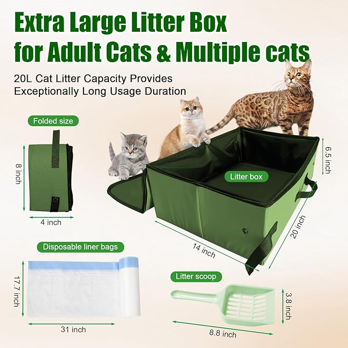 Large Portable Cat Travel Litter Box, 20x14x6.5 Inches with Zipped Lid & 10 Liners, Leak-Proof, Lightweight, Sturdy & Waterproof and Foldable for Hotels, Car, & Camping