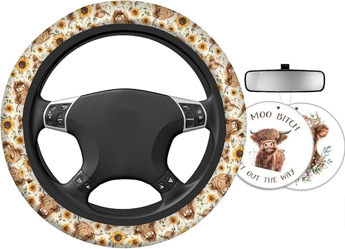 Highland Cow & Highland Cattle Steering Wheel Cover with 2 Car Air Fresheners, Quick Installation & Comfortable Grip for Cars & SUVs