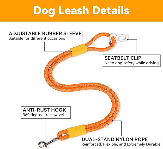 2-in-1 Dog Car Seatbelt Leash & Walking Lead - Heavy Duty 70CM Nylon Rope Leash with Secure Vehicle Buckle for Small Medium Large Dogs, for Travel, Walking, Training