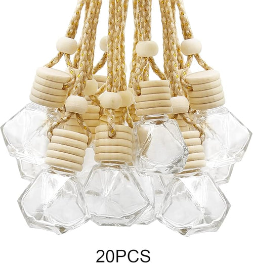 20pcs 8ML Diamond Shaped Glass Perfume Empty Bottles Five Line Lids Diamond Shaped Perfume Bottles Clear Glass Essential Oil Diffuser Oil Aromatherapy Perfume Hanging Bottles with Wooden Lids and Hanging String