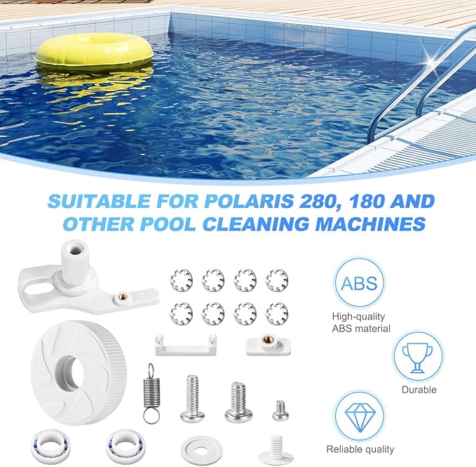 Pool Cleaner Idler Wheel Replacement Kit Part for Polaris 280 180, ABS Metal White Ball Bearing with Tire C16 C36 Swing Shaft Components C36 Wheel Washer Swing Axis