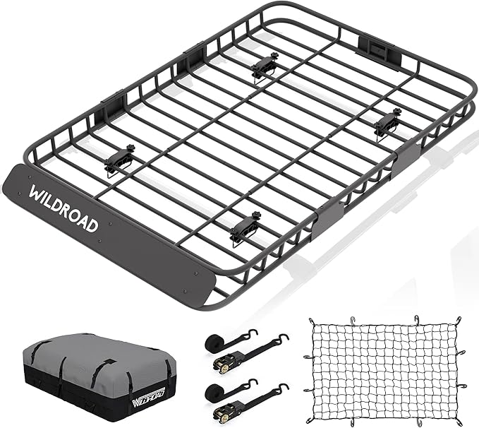 WILDROAD Car Roof Cargo Basket Combo of Upgraded 64"x 39"x 4" Roof Rack Cargo Basket with 21 Cubic ft Waterproof Cargo Bag, Cargo Net, Ratchet Straps and Anti-Rust Sealant
