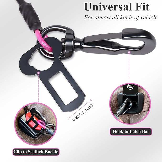 VIVAGLORY Dog Seat Belt Tuffbelt Dog Car Harness, Seatbelt with Clip & Hook for Car Travel, Chew Proof Anti Chew Unchewable Metal Safety Tether Restraint, L, Pink