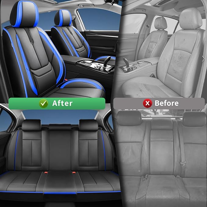 Fit Sonata Car Seat Covers for Hyundai Sonata 2004-2024 2025 2026 -Upgraded Premium Waterproof & Breathable Leather,Airbag Compatible,All-Weather Seat Cushion Protector,Full Set,Black-Blue