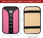 Bling Leather Car Center Console Cover, Anti-Slip Crown Armrest Seat Box Cushion Pad with Rhinestones, Waterproof Crystal Arm Rest Protector Interior Decor for Most Vehicles (Pink)