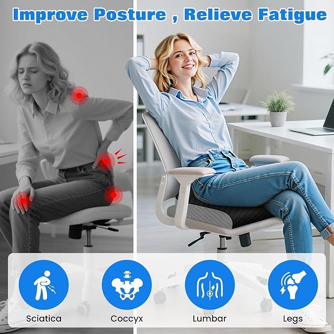 Seat Cushion for Office Chair, Memory Foam Chair Cushions, Car Seat Cushion for Long Sitting, Desk Chair Cushion for Pressure Relief, Non-Slip Bottom, Washable Cover, Large, Black