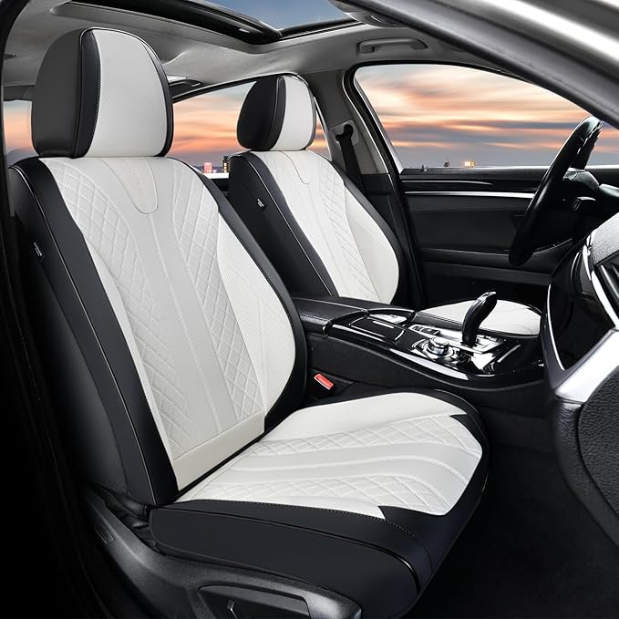 FLORICH Waterproof Front Car Seat Cover Faux Leather Automotive Seat Cover Front Car Seat Cushion Car Seat Protector Accessories Universal Fit for Most Cars SUV Trucks, Black&White
