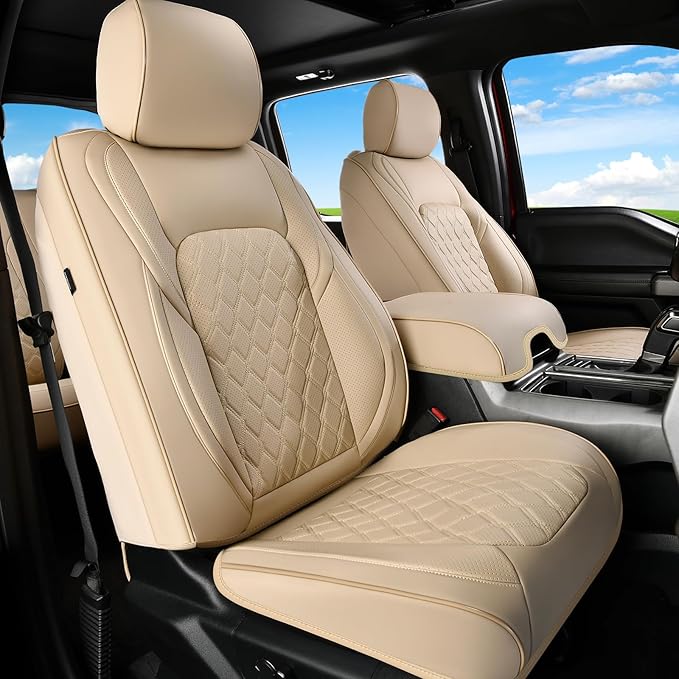 Huidasource Tacoma Front Leather Seat Covers, Car Seat Cushion Cover Fit for 3rd Gen Toyota Tacoma 2016-2023 SR SR5 Limited TRD Sport/Pro/Off Road All Cab Front Row (Front Pair/Beige)