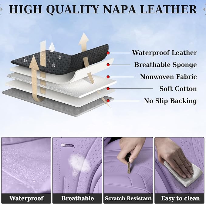 Coverado Seat Covers Full Set, Waterproof Car Seat Covers, Leather Seat Cover for Cars, Front and Back Car Seat Protector, Universal Car Seat Cushions Automotive Accessories Fit for Most Cars, Purple