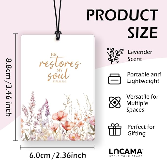 Lacama Pink Christian Car Air Freshener 3Pcs, Floral Wildflower Christian Bible Verse Hanging Air Freshener for Cars Closet Drawer Books, Cute Religious Car Accessories Mirror Decor for Women