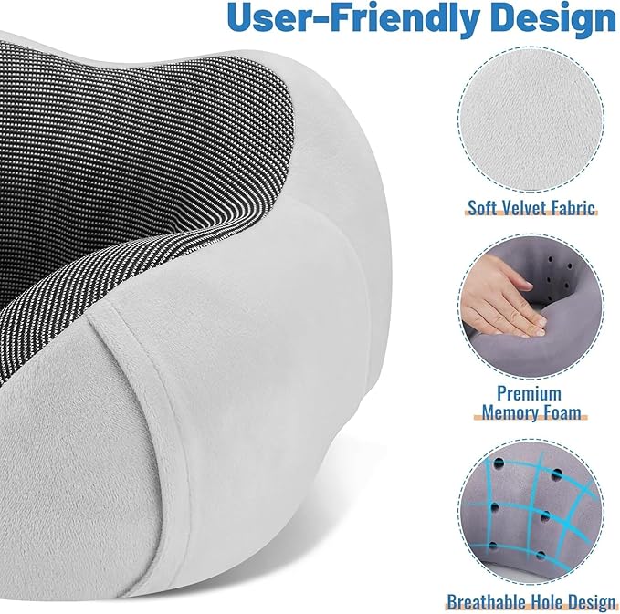 CloudBliss Travel Pillow Premium Memory Foam, Comfortable & Supportive Neck Pillow, Neck Pillows for Sleeping Travel, Airplane Pillow for Sleeping Airplane, Car, Office and Home（Black & Light Grey）