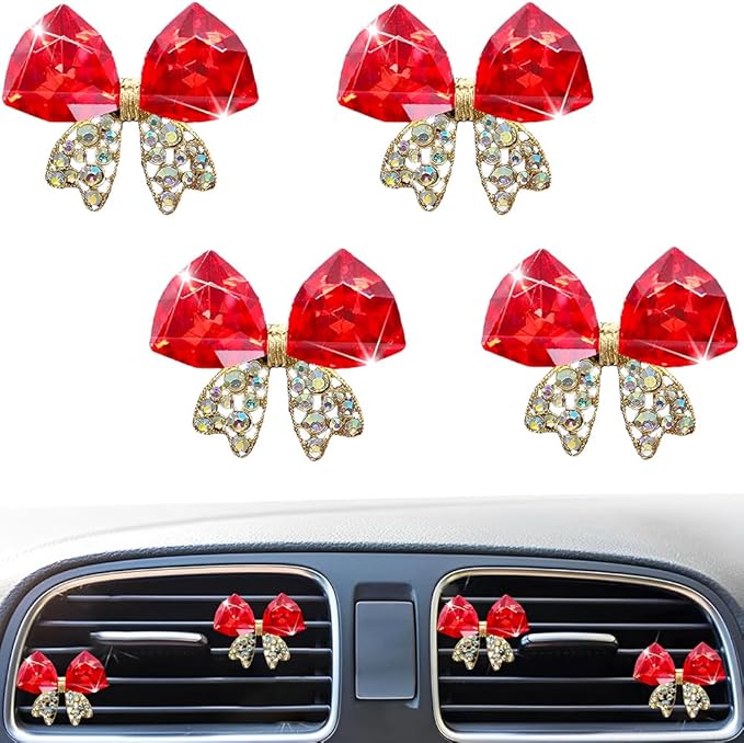 4 Pcs Bling Diamond Crystal Bow Vent Clips Car Interior Air Fresheners Automotive Rhinestone Decoration Adapt for Women and Girl (Red)