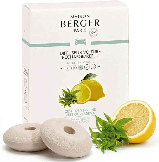 Maison Berger Luxury Car Diffuser Refill Set – Ceramic Inserts for Vent Clip Diffusers, 4-Week Passive Diffusion, Premium In-Car Fragrance Refill, Made in France (Zest of Verbena)
