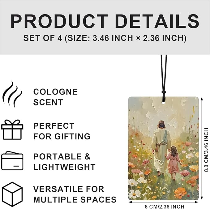 Jesus Christian Car Air Freshener 4 Pcs, Cottagecore Wildflower Jesus and Girl Religious Hanging Air Freshener for Cars Closet Drawer Books, Christian Girly Floral Car Accessories for Women