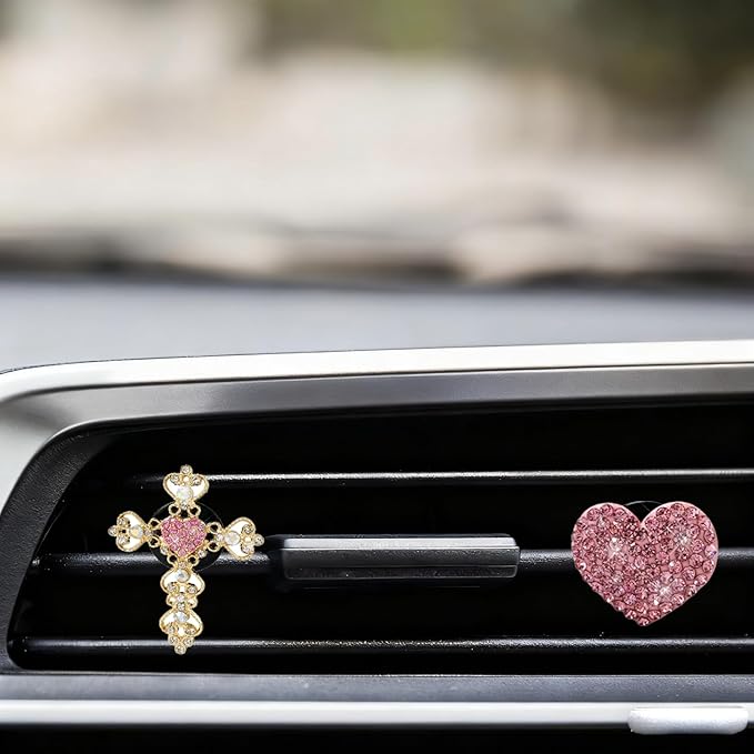 2PCS Bling Car Vent Clip Car Accessories, Crystal Rhinestone Cross and Heart Car Air Fresheners Vent Clips, Diamond Auto Air Conditioner Outlet Decoration Charm for Women