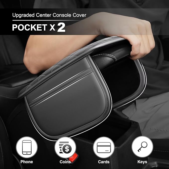 Upgraded Car Center Console Cover Fit for Corolla Cross Faux Leather Car Armrest Cover Cushion with 2 Storage Bags,Car Armrest Storage Box Interior Accessories(Grey&Whiteline)