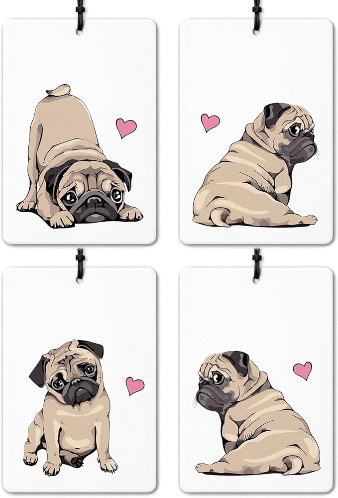 Cute Pug Car Air Freshener 4 Pcs, Pug Lover Gifts Air Freshener Hanging for Cars Books Closet Drawer, Pet Lover Gifts Car Accessories for Women Girls