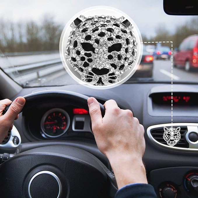 Bling Leopard Air Vent Clips, Crystal Leopard Car Air Fresheners Vent Clips Car Diffuser Vent Clip Rhinestone Decoration Interior Decor Bling Accessories for Women (Silver)