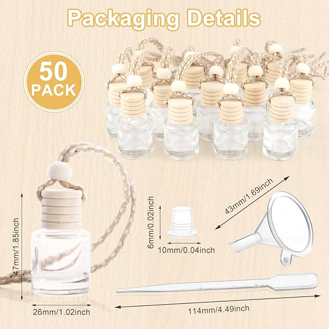 50 Pcs/Set,8ml Hanging Car Air Freshener Diffuser,Empty Refillable Clear Glass Essential Oil Fragrance Perfume Diffuser Pendant Glass Vials with Wooden Caps & Hanging String,Cylindrical Style