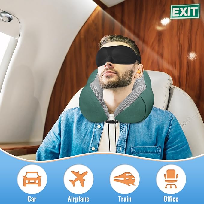 CloudBliss Travel Pillow Premium Memory Foam, Comfortable & Supportive Neck Pillow, Sleeping Neck Pillows for Travel, Airplane Pillow for Sleeping Airplane, Car, Office and Home（Green）