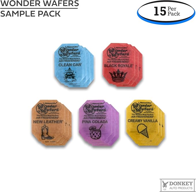 Donkey Auto Products, Wonder Wafers Top 5 Scents Sample Pack of Car Air Fresheners (15 Pack)