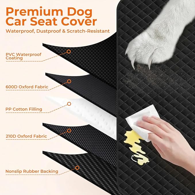 Dog Car Seat Cover for Pets Waterproof Seat Cover Hammock Nonslip Durable 600D Heavy Duty Scratch Proof Soft Back Seat Covers for Cars Trucks and SUVs, Black