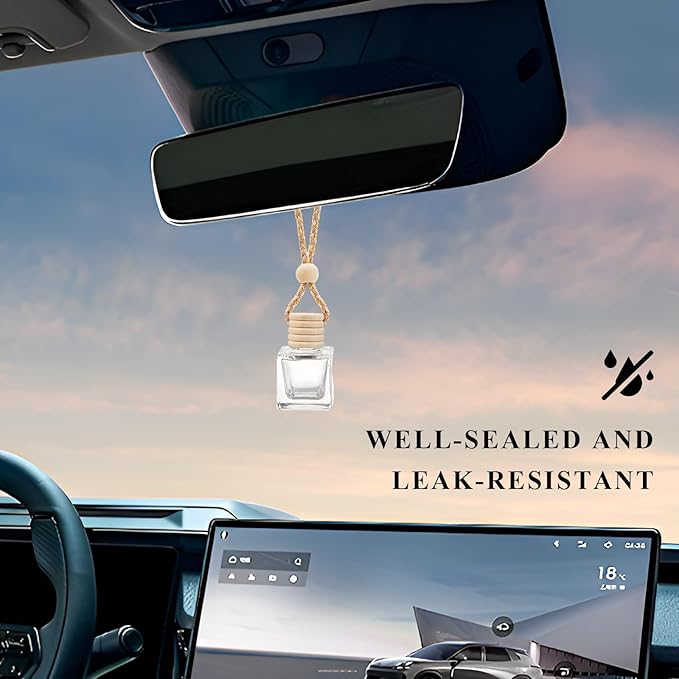 4 PCS Hanging Car Air Freshener, Empty Clear Glass Bottle Pendant Essential Oil Diffuser with Wooden Cap, 8ml Refillable Aromatherapy Bottle Perfume Ornament for Most Vehicles (Square)